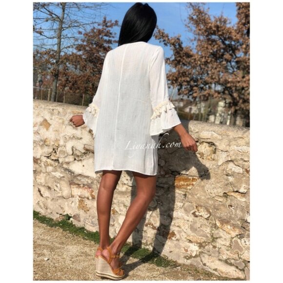 CIAO MILANO Boho Tassel Tunic Shift Dress Flare Sleeve Tassel Metallic Sequin - Picture 11 of 16